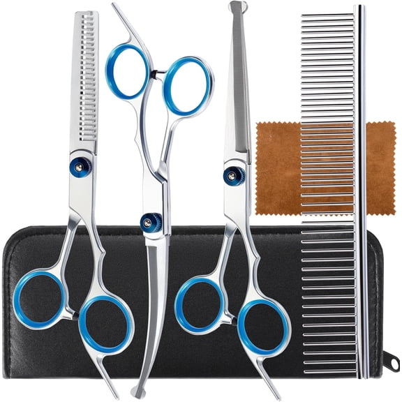 Dog Grooming Scissors 5 In 1 Professional Pet Shears Safety Round Tips Thinning Curved Straight