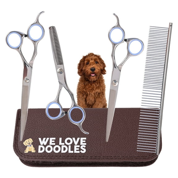 Dog Grooming Scissors Kit - Best Tools for Goldendoodles, Poodles & Doodles - Straight, Curved & Thinning Shears - Golden Doodle Grooming Kit - Professional Grade Steel, 4 Pc Set (Long Silver)