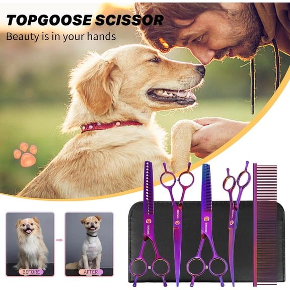 Dog Grooming Scissors Kit, Professional 6 in 1 Pet Scissors Shears Set - Straight, Thinning, Chunker, Curved Shears and Comb for Long Short Hair for Dog Cat (Set, )