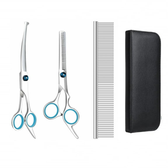 Dog Grooming Scissors with Safety Round Tips,Heavy Duty Titanium Pet Grooming Trimmer Kit,Professional Thinning Shears,Curved Scissors with Comb for Dogs and Cats (Set of 3)