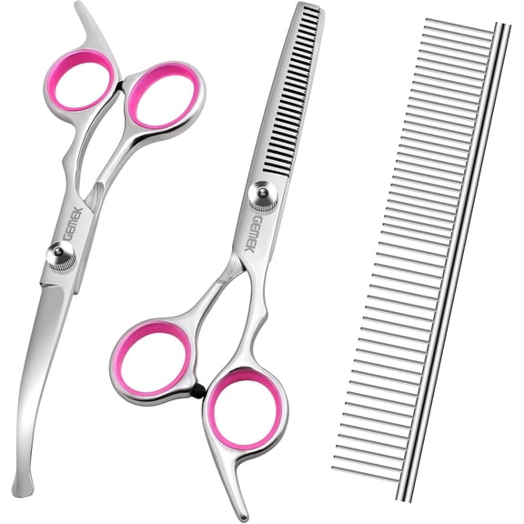 Dog Grooming Scissors with Safety Round Tips Stainless Steel Professional Dog Grooming Kit - Thinning, Curved Scissors and Comb for Cat Pet (Pink 4 in 1)