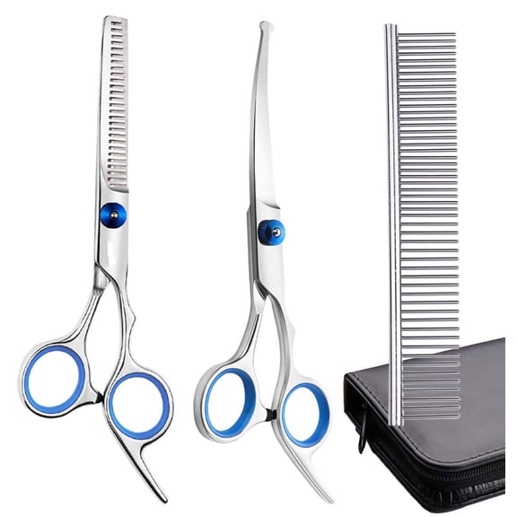 Dog Grooming Scissors Set with Safety Round Tip, 2 Pack Curved Scissors Thinning Shears for Pet Grooming for Dogs and Cats