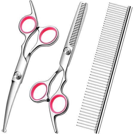 Dog Grooming Scissors with Safety Round Tips Stainless Steel Professional Dog Grooming Kit - Thinning, Curved Scissors and Comb for Cat Pet