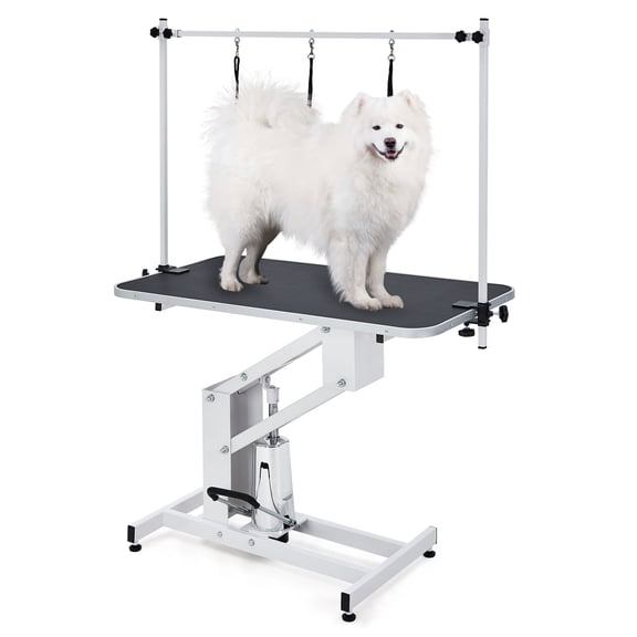 Dog Grooming Table Hydraulic 43 Inch for Large Dogs, Z-Lift Adjustable Height 22-39", Overhead Arm & Noose, Non-Slip Surface 350 lb Capacity for Home or Salon, White
