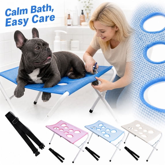 Dog Grooming Table for Small Dogs, Portable Dog Bath with Foldable Frame & Nylon Webbing, Waterproof Pet Bath Seat for Large Dogs, Compact Wash Stand with Shower Bench Design,