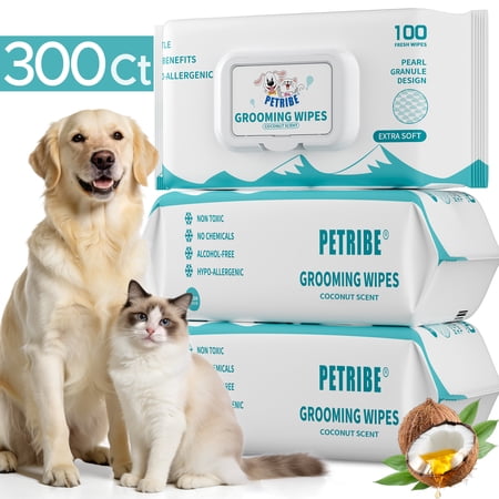 PETRIBE Pet Wipes For Dogs, Coconut Scent, Cleaning and Hydrating, Pet Wipes for Paws, Body & Butt, 300 Count