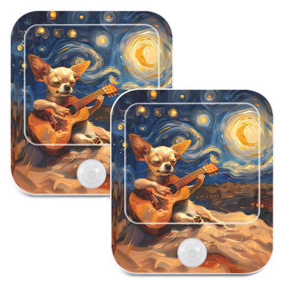 Dog Guitar Starry Sky Night Lights Plug into Wall LED with Auto Light Sensor Warm Light for Kids Hallway Bedroom Living Room Kitchen Bathroom Set of 2