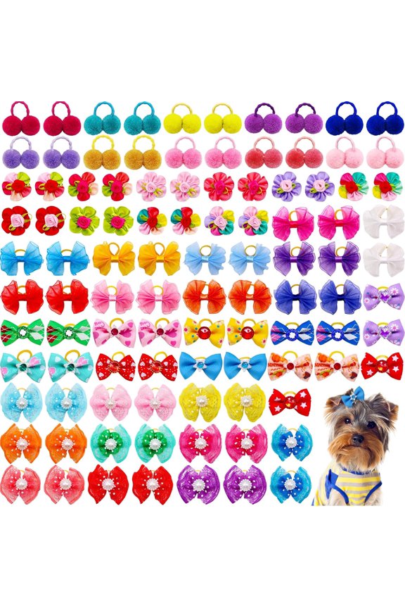 Dog Hair Bows, Bulk Puppy Pet Hair Bows with Rubber Bands, Mix Handmade Flower Puff Ball Rhinestone Pearls Dog Bows for Dog Hair Grooming Accessories