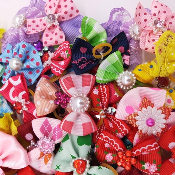 Dog Hair Bows Puppy Rubber Hair Bands Colorful Cat Hair Ties Rhinestone Ponytail Holders Faux Pearl Hair Ropes Pet Hair Accessories