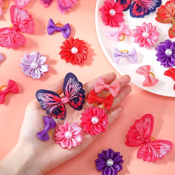 Dog Hair Bows with Rubber Bands Butterfly Knotted Bows Flower Pearls Elastic Hair Ties for Pets Grooming Accessories