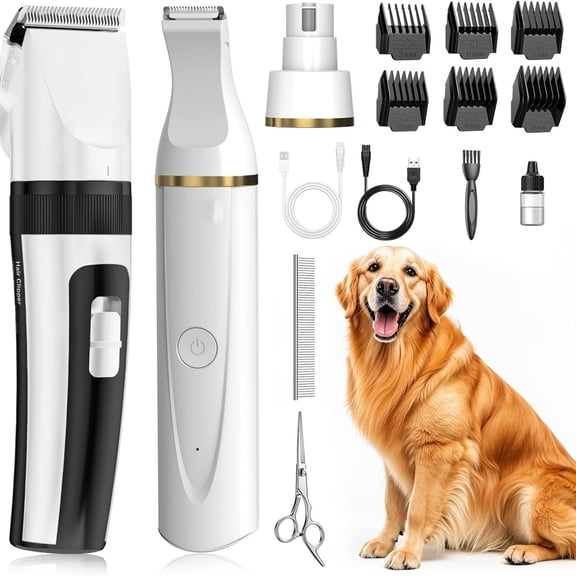 Dog Hair Clippers for Grooming Kit and Dog Paw Trimmer Nail Grinder for Grooming, Low Noise Rechargeable Cordless, Shaver Grooming Supplies for Pet Cats Dogs