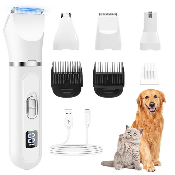4 in 1 Dog Clippers for Grooming Paw Trimmer, Rechargeable Dog Grooming Clipper Kit Nail Grinder, Cordless Pet Cat Trimmer Shavers for Small & Large Dogs Cats Pets with Thick Coats
