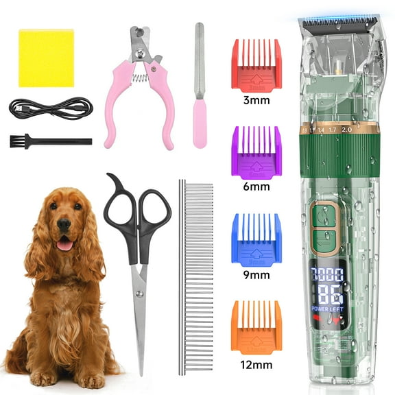 Dog Hair Clippers, USB Rechargeable Cordless Dog Grooming Clippers Kit with LED Display, Low Noise Heavy Duty Pet Hair Shaver Trimmers Set IPX7 Waterproof for Dogs Cats Thick Coats