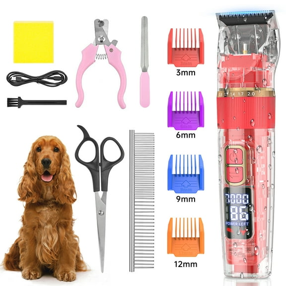Dog Hair Clippers, USB Rechargeable Cordless Dog Grooming Clippers Kit with LED Display, Low Noise Heavy Duty Pet Hair Shaver Trimmers Set IPX7 Waterproof for Dogs Cats Thick Coats