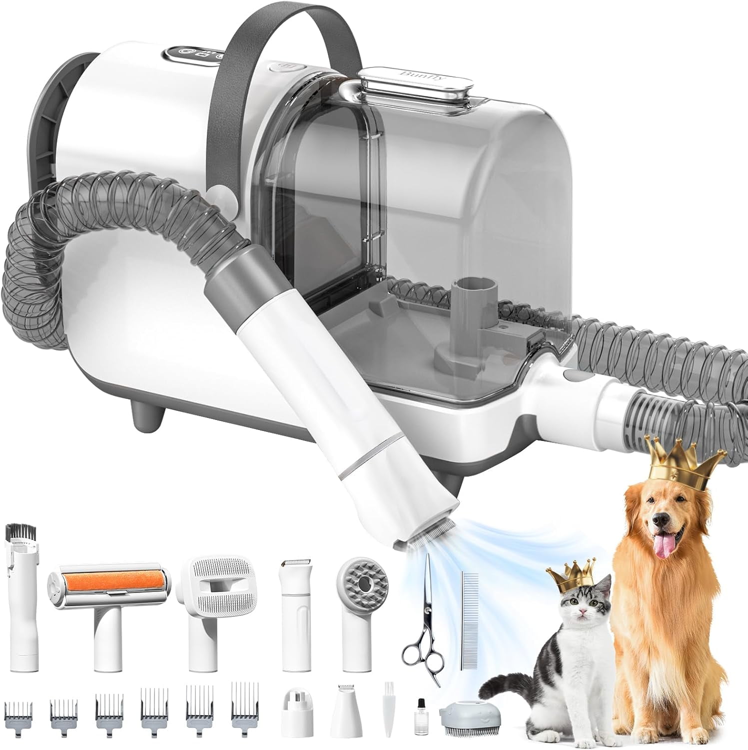 Brown and White Pet Grooming Vacuum Kit with Stainless Steel Blades