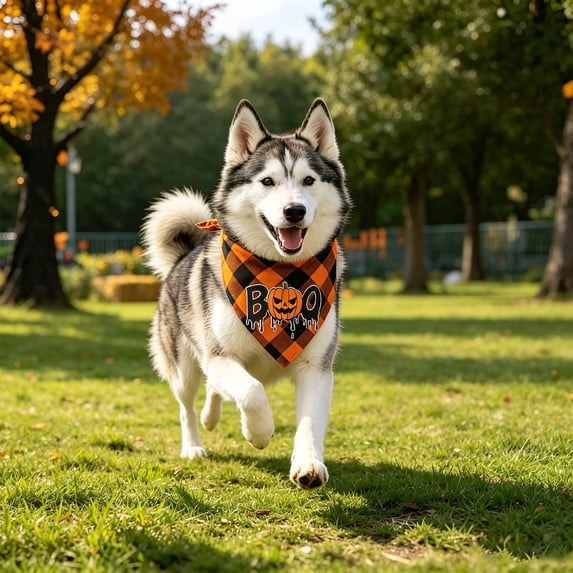 Dog Halloween Bandana, 25 X 11 Inch Plaid Pumpkin Print Halloween Dog Bandana, Soft Fall Dog Bandana Accessory for Small Dogs Cats, 1 Pack