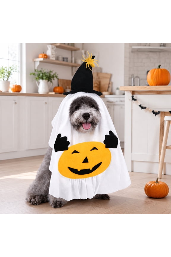 Dog Halloween Costume, Funny Ghost Pumpkin Cape with Witch Hat, Soft Polyester Apparel for Small Medium Dogs, Holiday Party Cosplay Outfit, Breathable & Comfortable for Fall Festival Walks