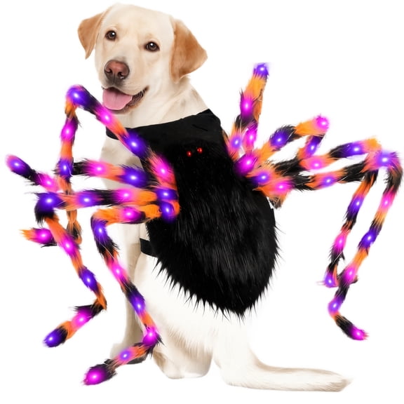 Dog Halloween Costume, Light Up Furry Spider Design, 1 Pack adjustable Pet Dress Up for Medium Large Dogs, Cosplay Party Halloween Night Parade Trick or Treat Festive Dress accessory