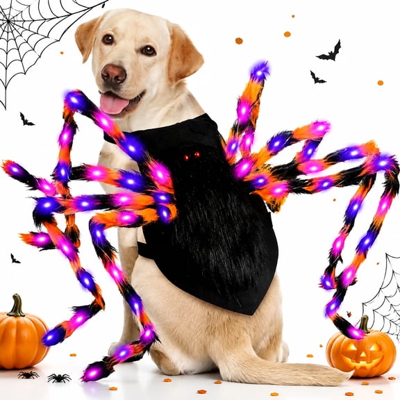 Dog Halloween Costumes,Furry Dog Spider Costume with 64 LED,Giant Spider Halloween for Medium Large Dogs,Funny for Cat Pet Halloween Party Cosplay(L)
