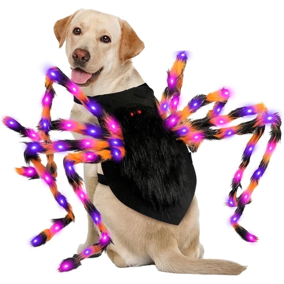 Dog Halloween Costumes, Furry Dog Spider Costume with 64 LED, Giant Spider Halloween Costume for Medium Large Dogs, Funny Costumes for Cat Pet Halloween Party Cosplay (L)