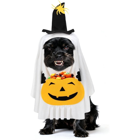 Dog Halloween Costumes with Pumpkin Candy Pocket - Securely Fixed White Ghost Costume with Hook and Loop Tape, Funny Cape for Small Dogs Trick or Treat Cosplay Party