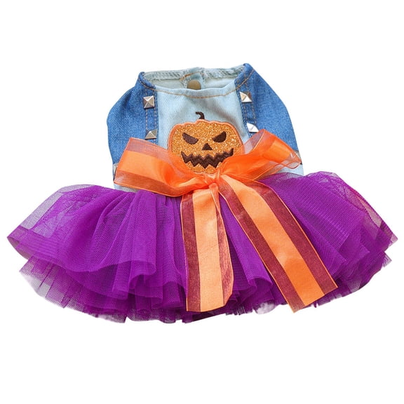 Dog Halloween Dress Holiday Dog Clothes for Small Medium Pets Pumpkin Pattern Cat Outfits with Denim Top Purple Tulle Skirt with Orange Bow Pet Costume