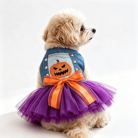 Dog Halloween Tutu Dress Holiday Dog Clothes for Small Medium Pets Pumpkin Pattern Cat Outfits with Denim Top Purple Tulle Skirt with Orange Bow Pet Costume