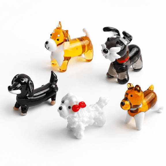 Dog Hand Blown Glass Figurines Set of 5, Assorted Puppy Styles Home Decor