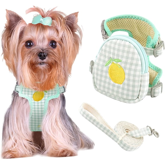 Dog Harness Backpack Cute Small Dog Vest Harness and Leash Set Plaid Soft Mesh Padded No Pull Puppy Harness Adjustable Cat Harness with Travel Food Carrier Bags for Teacup Extra Small Dog Cat