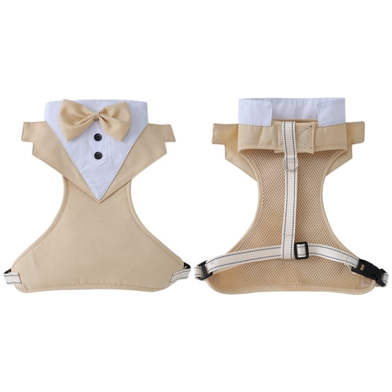 Dog Harness, Beige Dog Tuxedo Vest Harness, Breathable Dog Wedding Outfit with Dog Bow Tie, Adjustable Formal Dog Suit for Small Medium Large Dogs, Comes with Soft Mesh Lining,