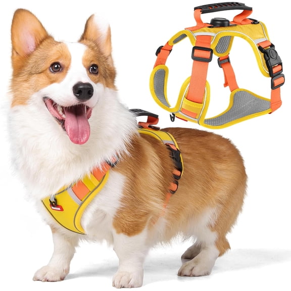 Dog Harness Cat Harness No Pull with GPS Tracker Pocket, 2 Adjustable Leash Clips, Breathable Soft Padded, Reflective, No Choke Dog Vest Harness with Control Handle for Puppy, Pineapple Yellow