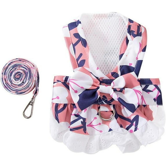 Dog Harness Dress for Small Dog Floral Dog Harness and Leash Set Bow Knot Puppy Princess Skirt with D-Ring Mesh Summer Pet Clothes for Cat Dogs (Small, Blue)