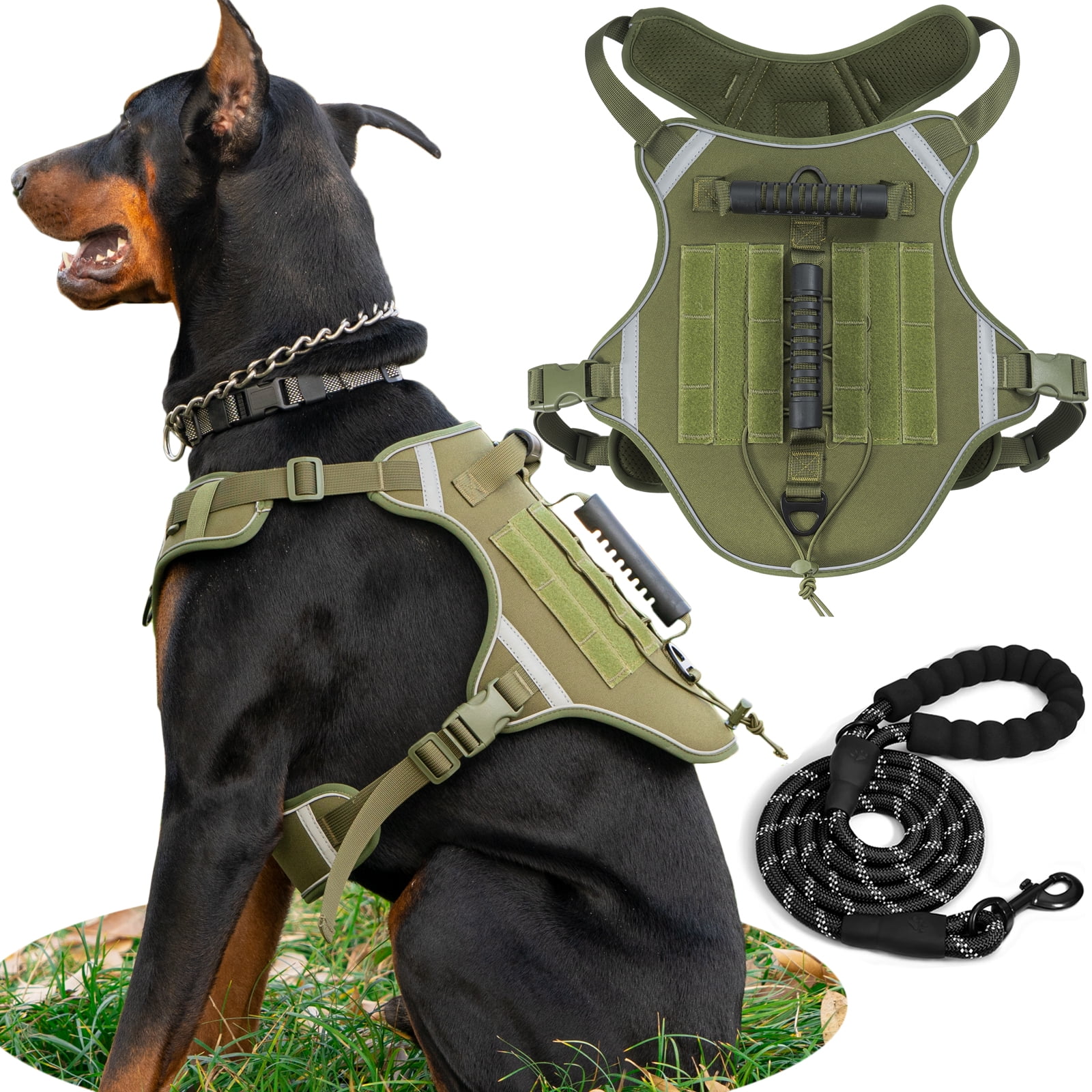 Dog Harness for Large Dogs with Retractable dog leash Adjustable Reflective Oxford Easy Control No Pull Dog Harness with A Heavy Duty 5ft Dog Leash XL Neck 22.8 31.4