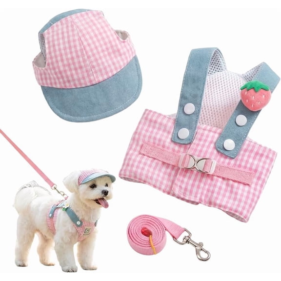 Dog Harness Leash And Hat Set, Plaid No Pull Mesh Vest Step In, Pink, Small Medium Dogs, Outdoor Walking