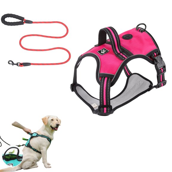 Dog Harness and Leash Combo with Dog Poop Leak Proof Bag Dispenser,No Pull Escape Proof Reflective Vest Harnesses with Lift Handle and Leash Clip,Adjustable for Small Medium Large Dogs(Pink,L)