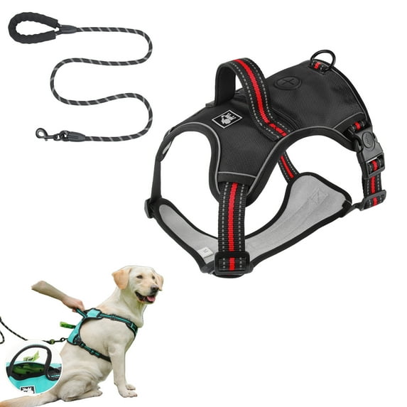 Dog Harness and Leash Combo with Dog Poop Leak Proof Bag Dispenser,No Pull Escape Proof Reflective Vest Harnesses with Lift Handle and Leash Clip,Adjustable for Small Medium Large Dogs(Black,L)