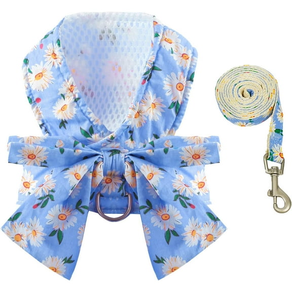 Dog Harness and Leash Set with Bow Knot No Pull Pet Daisy Floral Harness with D-Ring Soft Mesh Dog Harness Vest Set Escape Proof Princess Puppy Harness for Small Girl Dogs Cats