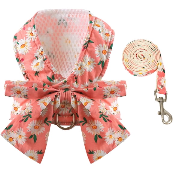 Dog Harness and Leash Set with Bow Knot No Pull Pet Daisy Floral Harness with D-Ring Soft Mesh Dog Harness Vest Set Escape Proof Princess Puppy Harness for Small Girl Dogs Cats(Pink XS)