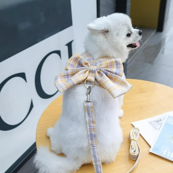 Dog Harness and Leash Set, Cute Bow Tie Plaid Harnesses for Puppy Cat, Adjustable Pet Kitties Vest, Breathable Harness Traction Rope for Small Animal(Harness Light Pink,XS for 1.1-3.3lbs Dog)