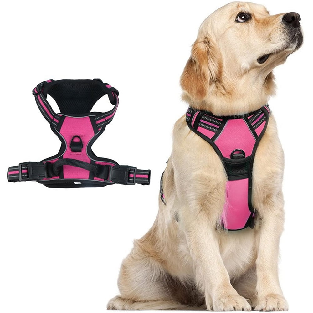 Dog Harness No Pull, Adjustable Soft Padded, Reflective nylon No Choke Pet Vest with Easy Control Handle for Medium Sized Dogs,rose red, M