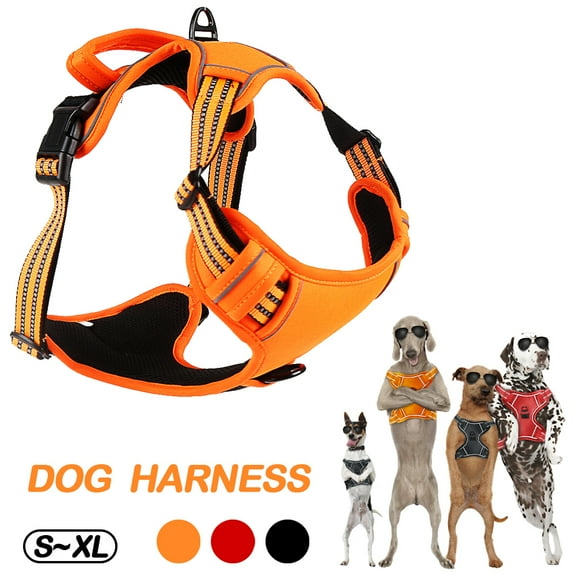 Dog Harness No Pull, Walking Pet Harness with 2 Metal Rings and Handle Adjustable Reflective Breathable Oxford Soft Vest Easy Control Front Clip - Orange, L