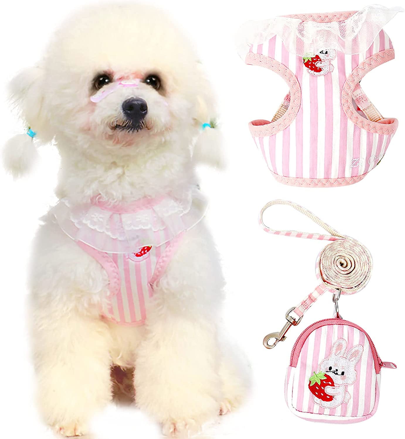 Dog Harness and Leash Set with Bags Striped Lace No Pull