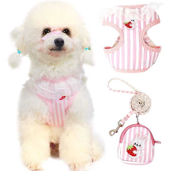 Dog Harness and Leash Set with Bags Striped Lace No Pull Girl Dog Vest Harness Mesh Puppy Harness for Small Medium Dogs Cats Adjustable Pet Harness