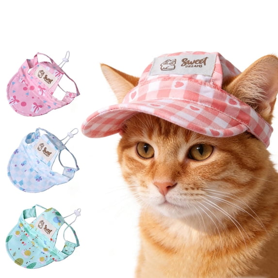 Dog HatsforSmall Dogs, Pet Sun Visors, 3inOpening, Woven Fabric, Ear Cutout Sun Protection, Daily Travel, Pastel Blue Gingham Pattern, Adjustible Chin Loop, 1 Pc