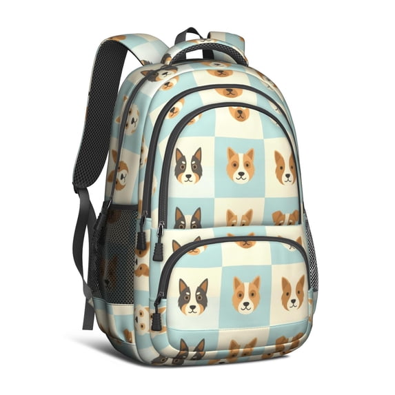 Dog Head Checkerboard Beige Cute School Backpack Bag with Padded Back and Adjustable Shoulder Straps 16.9 X 12.6 X 5.9 Inches