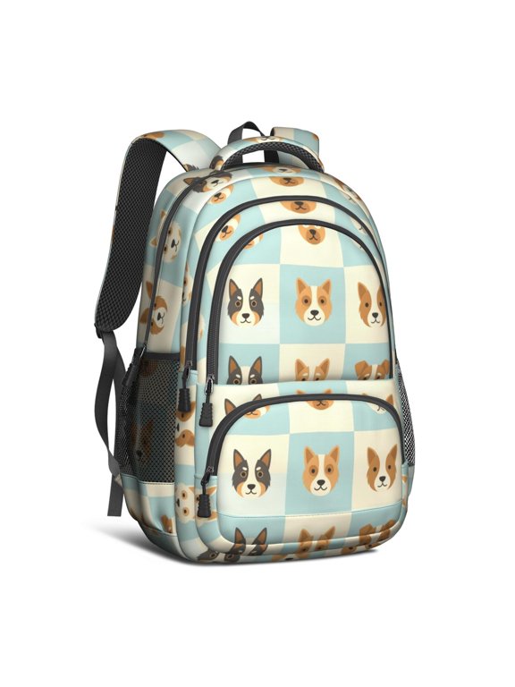 Dog Head Checkerboard Beige Cute School Backpack Bag with Padded Back and Adjustable Shoulder Straps 16.9 X 12.6 X 5.9 Inches
