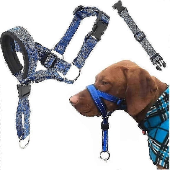 Dog Head Halter with Safety & Reflective Straps - Adjustable No-Pull Dog CollarLBlue