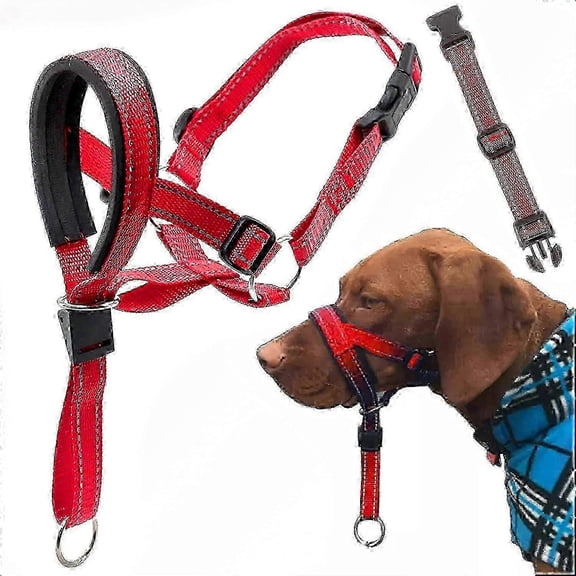 Dog Head Halter with Safety & Reflective Straps - Adjustable No-Pull Dog CollarMRed