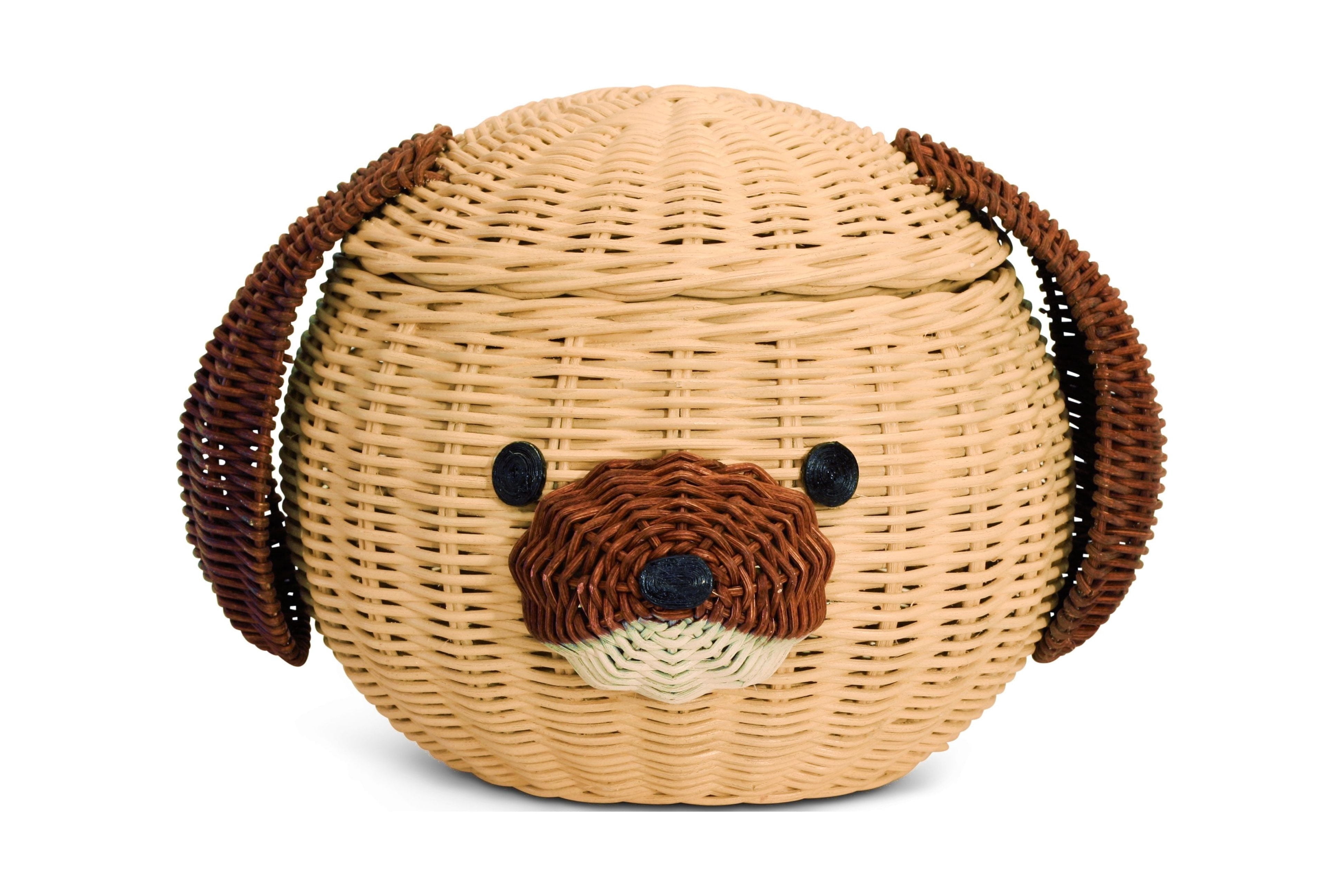 Dog Head Rattan Storage Basket with Lid Decorative Bin Home Decor Hand Woven Shelf Organizer Cute Handmade Handcrafted Gift Art Artwork Wicker Puppy