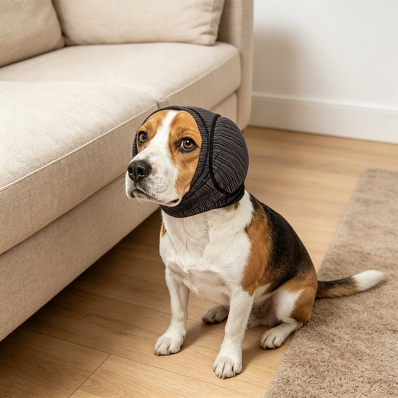 Dog Head Wrap, for Anxiety, Self-Adaptive Fit Dog Calming Hood, for Thunder, Fireworks, Grooming, Quick-Dry Fabric Gray